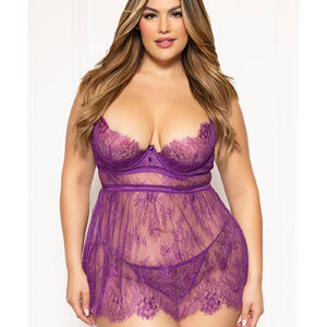 Floral Eyelash Lace Underwire Babydoll w/Thong 2 pc Set - Purple 3X/4X