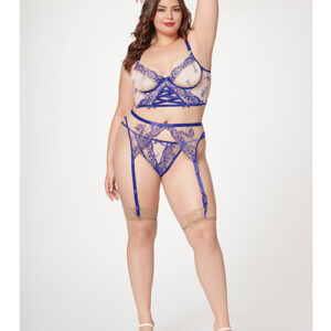 Sheer Stretch Mesh w/Floral Contrast Embroidery Bustier, Garter Belt & Thong Blue/Nude 3X/4X
