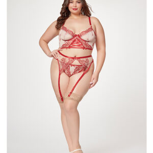 Sheer Stretch Mesh w/Floral Contrast Embroidery Bustier, Garter Belt & Thong Red/Nude 3X/4X