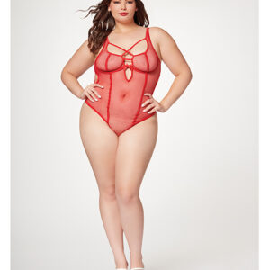 Fishnet Strappy High Cut Leg Teddy Red 1X/2X
