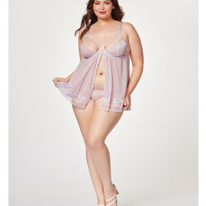 Sheer Mesh & Lace Demi Cup Babydoll & Thong Lavender 3X/4X