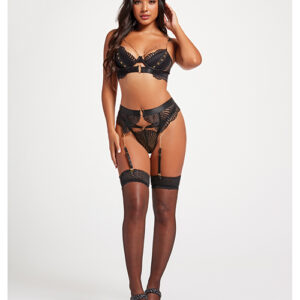 Scalloped Lace Bra w/Gold Chain, Garter Belt & Thong Black LG