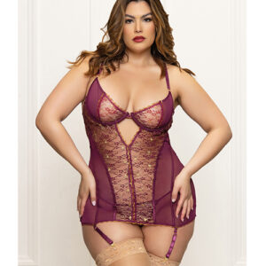 Metallic Lace with Mesh Gartered Chemise & Thong - Plum 1X/2X