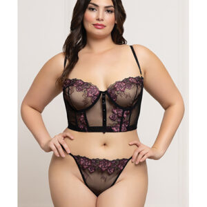 Floral Lace and Mesh Underwire Bustier w/Thong 2 pc Set - Black/Purple 3X/4X
