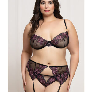 Floral Lace and Mesh Underwire Bra w/Garter & Thong 3 pc Set - Black/Purple 1X/2X