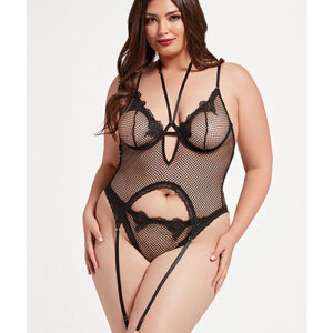 Stretch Mesh and Lace Cami w/Thong 2 pc Set - Black QN