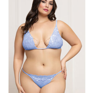 Lace Triangle Top & G-String with Rhinestone Details - Periwinkle Blue QN