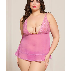 Lace and Mesh Babydoll w/Thong & Rhinestone Detail - Pink QN