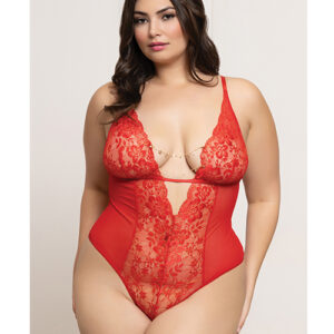 Lace and Mesh Open Crotch Teddy w/Rhinestone Detail - Red QN