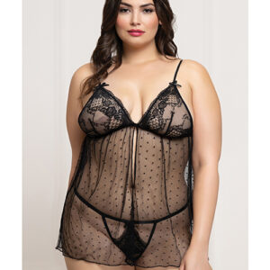 Lace and Dot Mesh Babydoll w/G-String - Black QN
