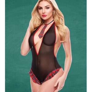 Teacher's Pet Schoolgirl See Thru Crotchless Teddy w/Tie Black/Red S/M