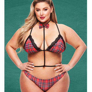 Teacher's Pet Baddie Schoolgirl Top w/Bow Tie & Panty Red/Black QN